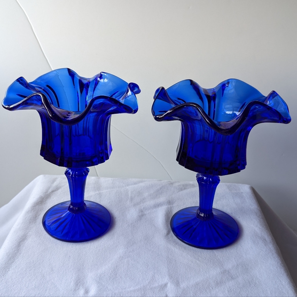 Vintage Fenton Vulcan Cobalt Blue Handmade Crimped Rim Compote Candy Dish - 2 - Picture 3 of 16